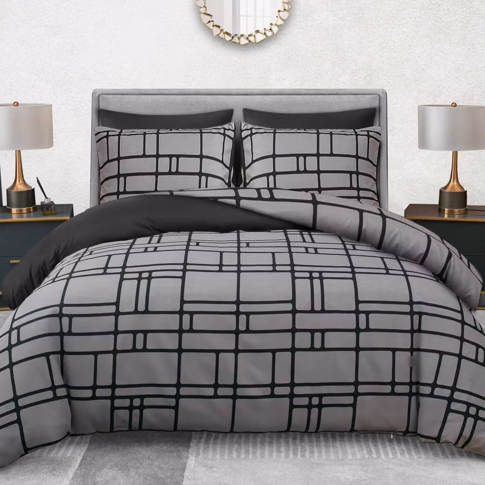 Pamposh Reversible Microfibre Duvet Cover and Pillowcase Set in Black and Grey, W: 140 cm, H: 200 cm – 2