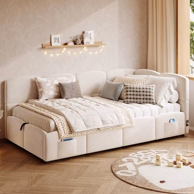 Merax Single Velvet Ottoman Daybed with USB Charging Port and Lift Up Base, Beige, W/D/H: 90 x 190 x 78 cm