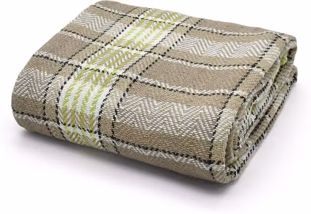 Ashley Mills Woven Cotton Checked Throw with Fringes in Natural, Green and Multicolour, W: 152 cm, L: 254 cm