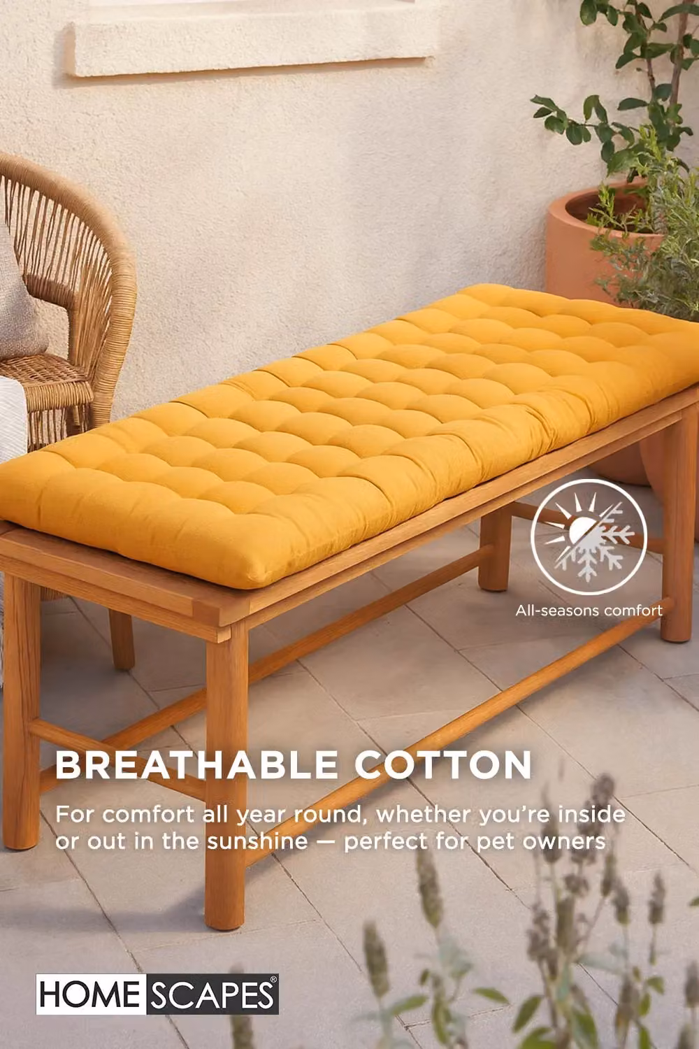 Homescapes Mustard Yellow 3 Seater Garden Bench Cushion, W: 143 cm, D: 48 cm – 2