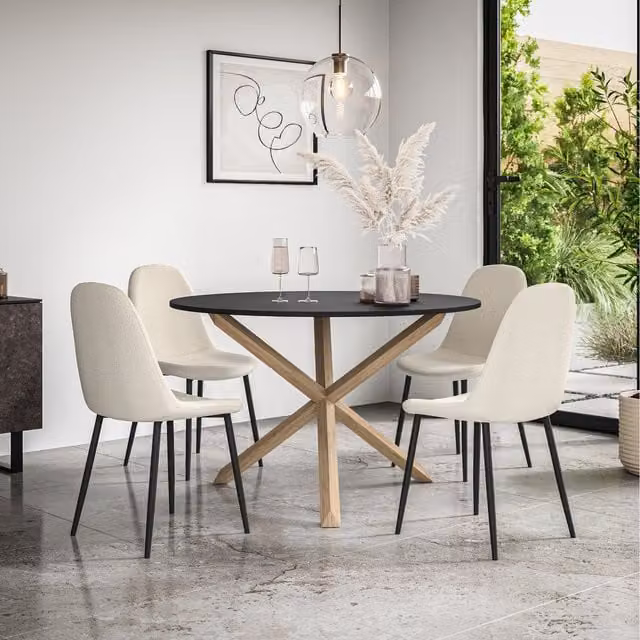 More4Homes Malvern Round Black Dining Table Set with Oak Legs and 4 Ivory White Maya Boucle Chairs, Diameter: 120 cm, Height: 75 cm