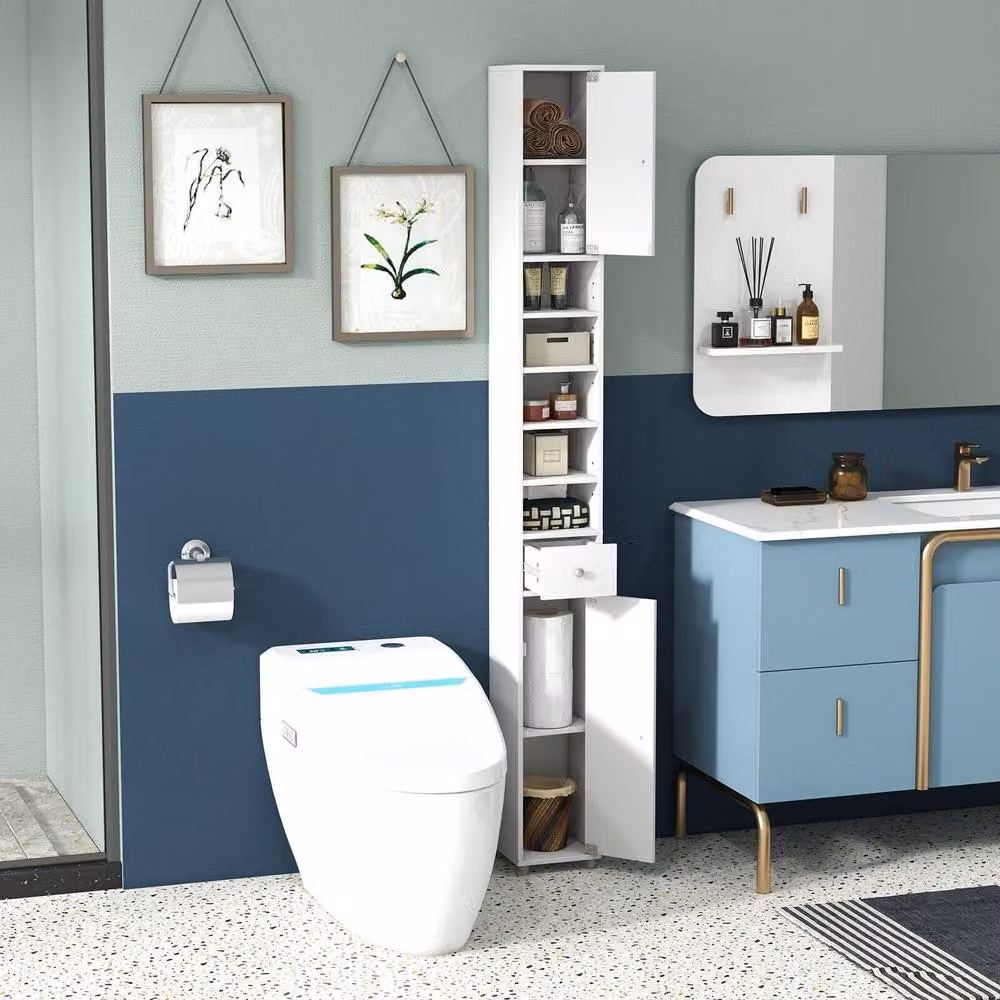 Costway Slim Freestanding Bathroom Tall Cabinet Storage Organiser in White – 3