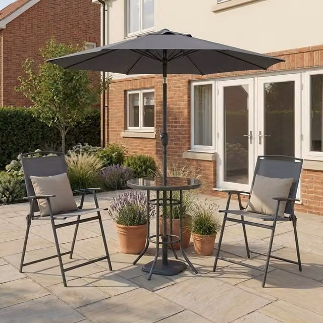 Outdoor Essentials Atlanta Modern Folding Bar Set with Glass Top and 4 Chairs in Black