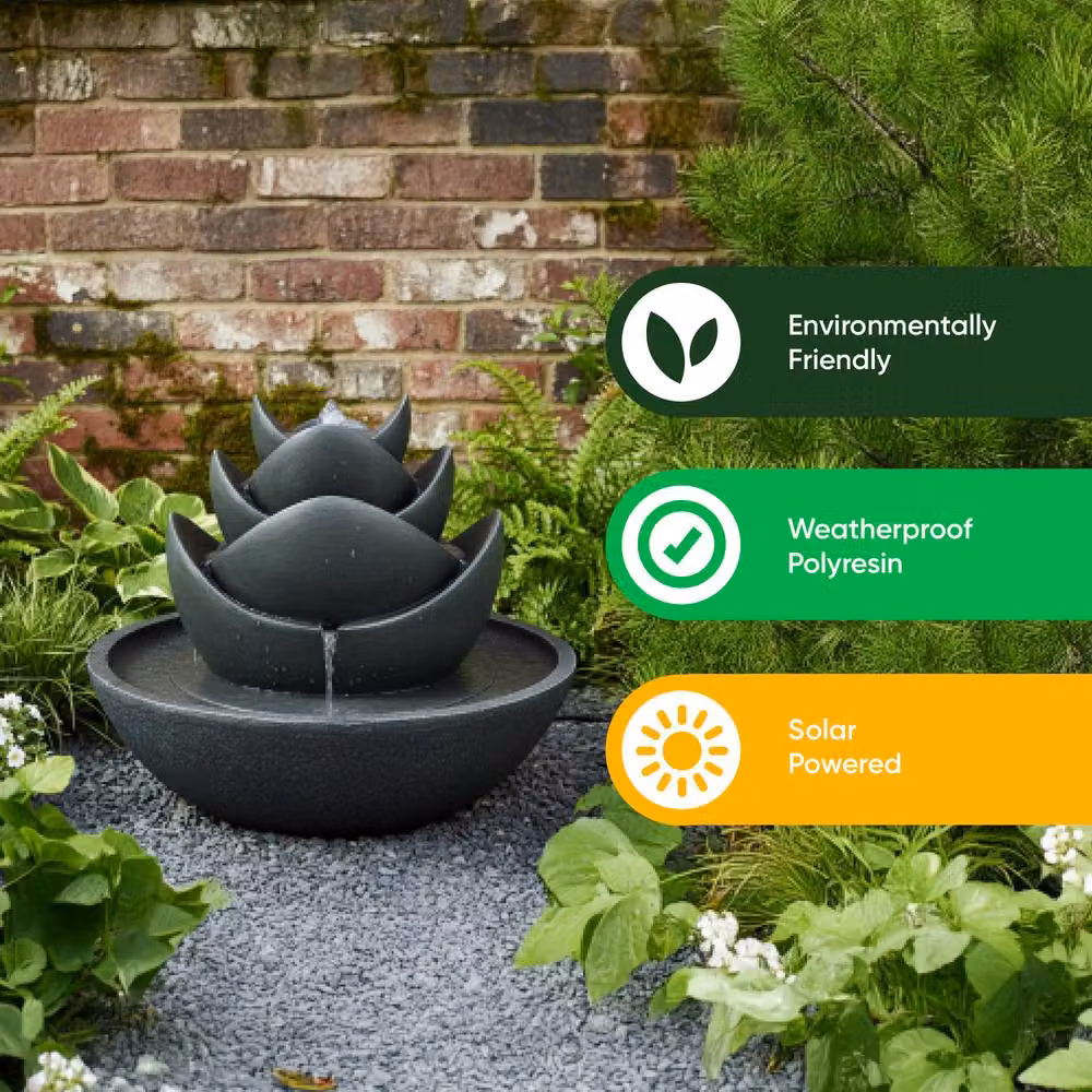 Gardenwize Solar 3 Tier Lotus Water Feature with Warm White LED Lights and Battery Backup in Grey, W/D/H: 44 x 54 x 54 cm – 4