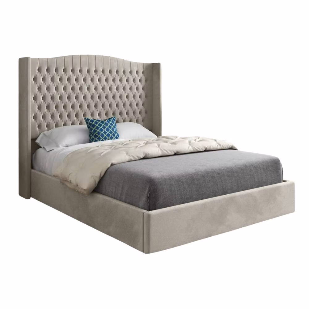 Casani Rousdon Winged Upholstered Designer Bed Frame in Beige Velvet, W/D/H: 144 x 137 x 200 cm – 3