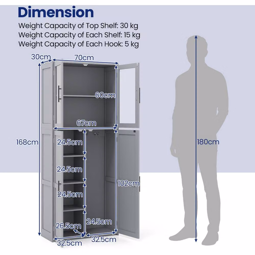 Costway Grey Freestanding Metal Cleaning Tool Cabinet with Hinged Doors and Internal Shelves – 6