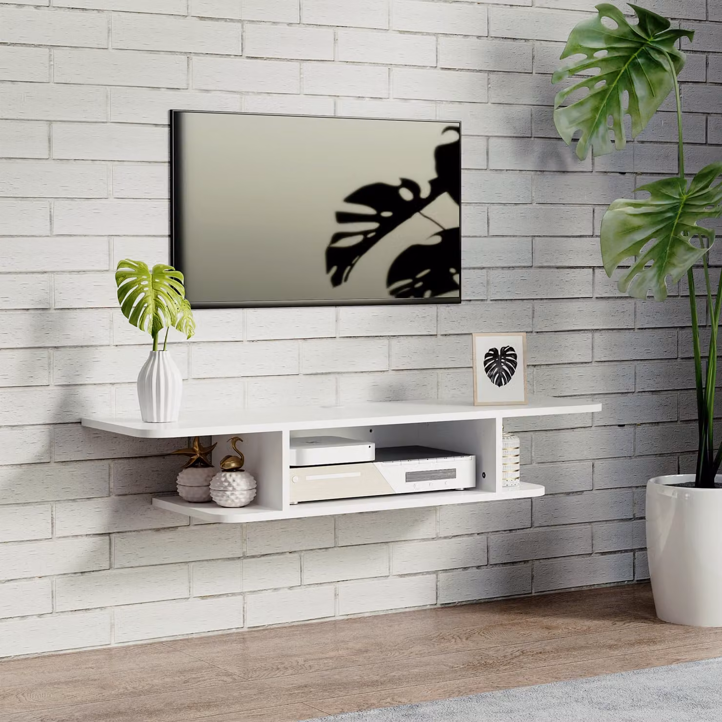 HOMCOM White Glossy Floating TV Unit Stand for TVs up to 40 inch, Wall Mounted Modern Media Console with Storage Shelves – 2
