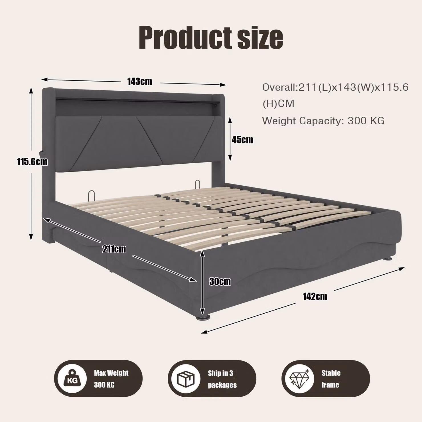 Aosom UK Upholstered Velvet Bed Frame with Under-Bed Storage, Wavy LED Lighting and USB Ports, Dark Grey, W: 143 cm, D: 211 cm, H: 115.5 cm – 3