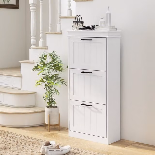 HOMCOM Narrow White Shoe Cabinet with Tilting Compartments and Internal Shelves