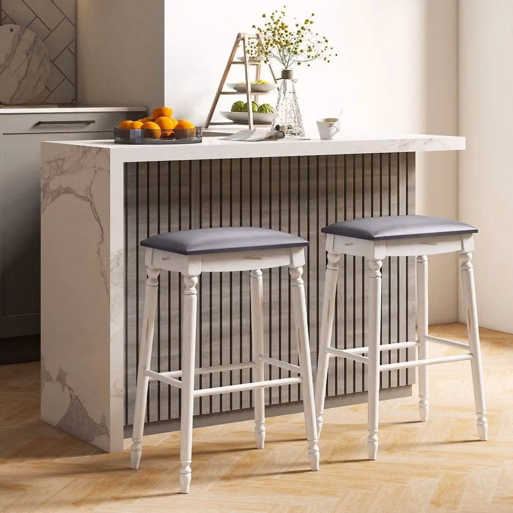 VOGREX Set of 2 Modern Upholstered Counter Bar Stools in Grey with Rubberwood Frame – 3