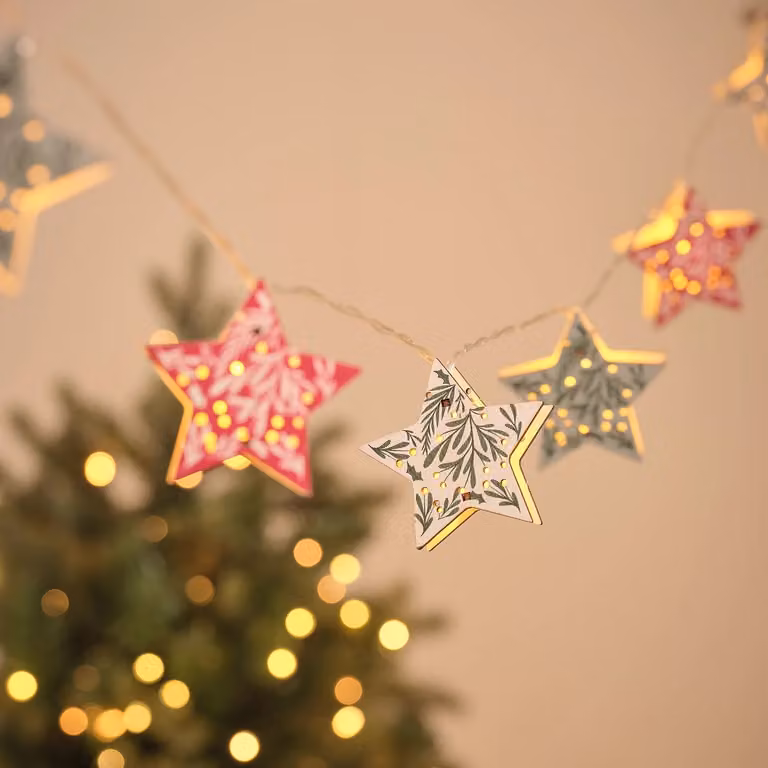 Lights4fun 10 Folk Patterned Wooden Star LED Fairy Lights in Multicolour RGB