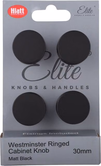 Elite Knobs & Handles Westminster Ringed Cabinet Knobs, Matt Black, Pack of 4
