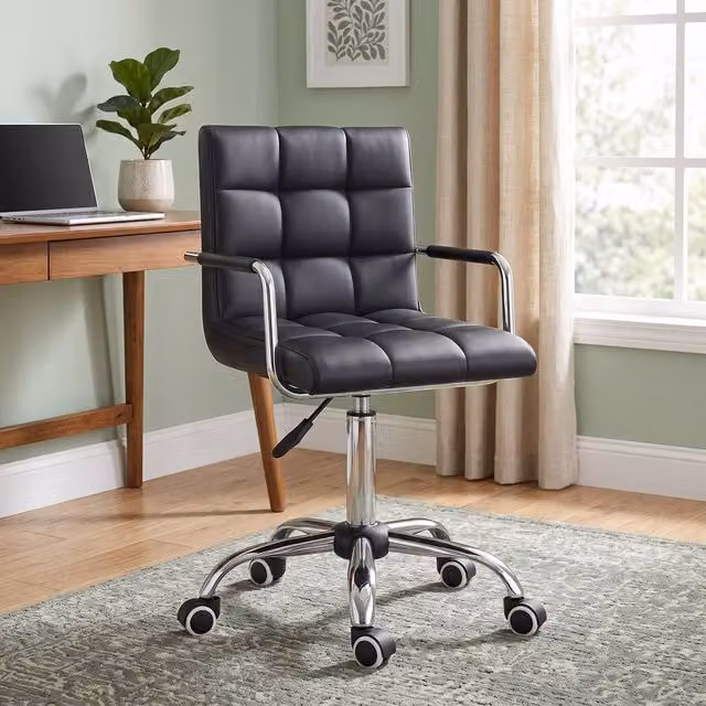 ERGOVEXA Black Synthetic Leather Makeup Vanity Chair with Armrests and Castors