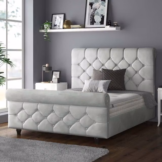 IH Design Jasmine Silver Velvet Chesterfield Sleigh Bed Frame, Single, W/D/H: 90 x 190 cm