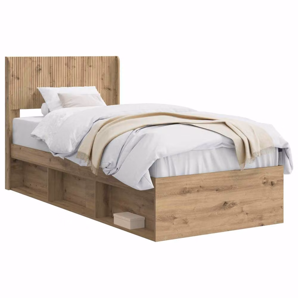 Berkfield Home Artisan Oak Bed Frame with Storage and Headboard in Brown, W/D/H: 90 x 190 cm – 2