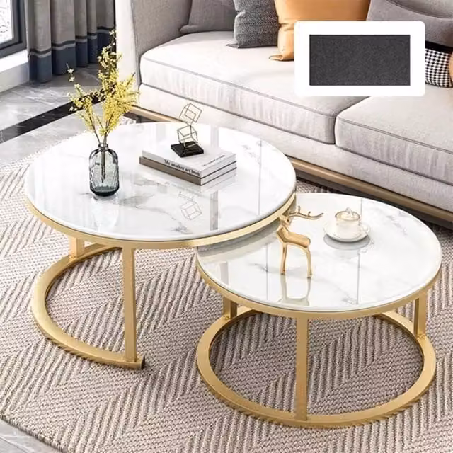 SPETLEK Nesting Coffee Table Set in White with Glossy Round Tops and Sled Base