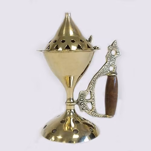 The Spice Cellar KDMD Large Brass Incense Cone Burner with Wooden Handle in Gold, Diameter: 12 cm