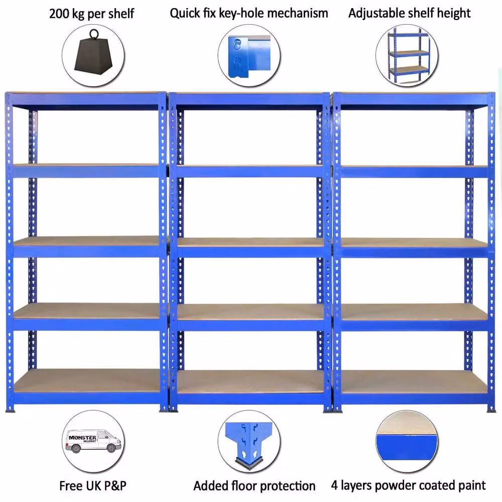 Monstershop Q-Rax Industrial Warehouse Shelving Unit Set, Blue Steel, 3 x W: 90 cm, D: 50 cm, H: 180 cm and 2 x W: 120 cm, D: 50 cm, H: 180 cm – 2