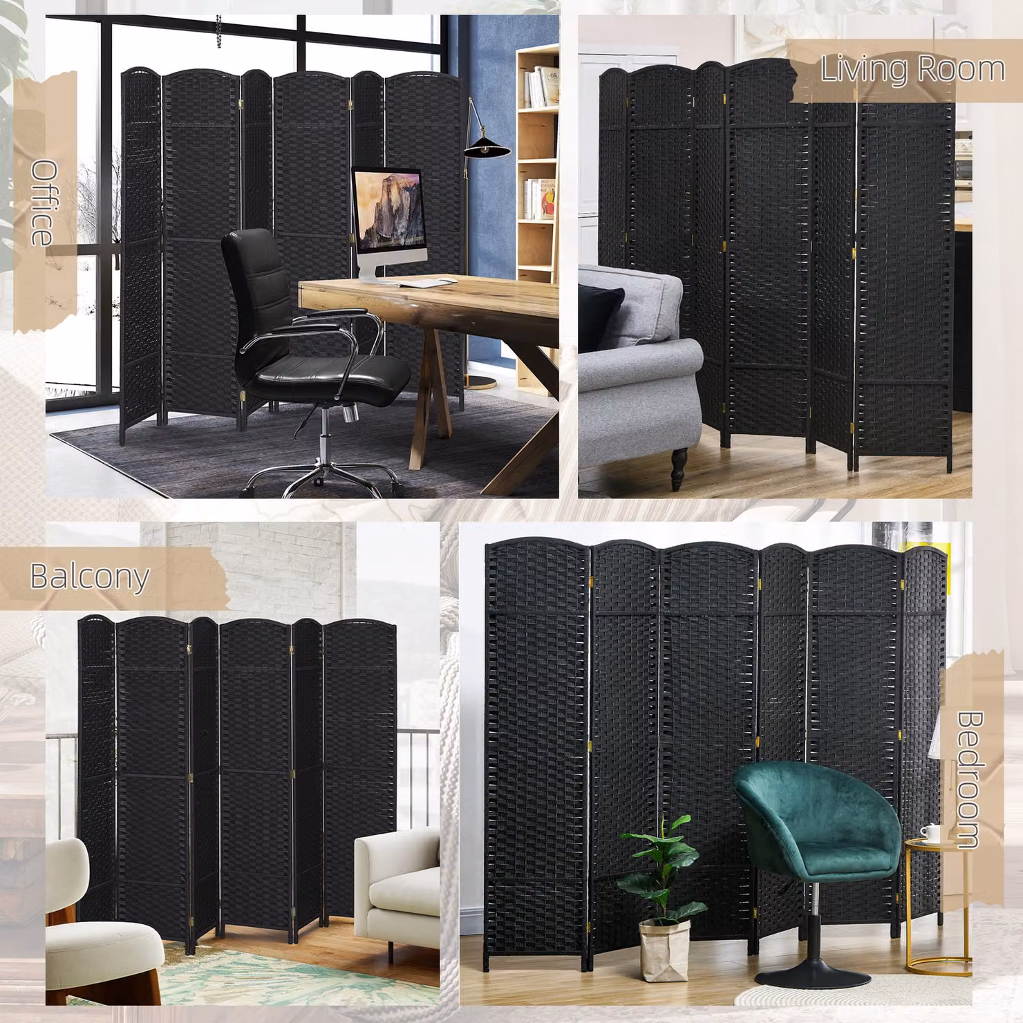 HOMCOM 6 Panel Folding Room Divider Privacy Screen in Black, H 170 cm x W 240 cm – 7
