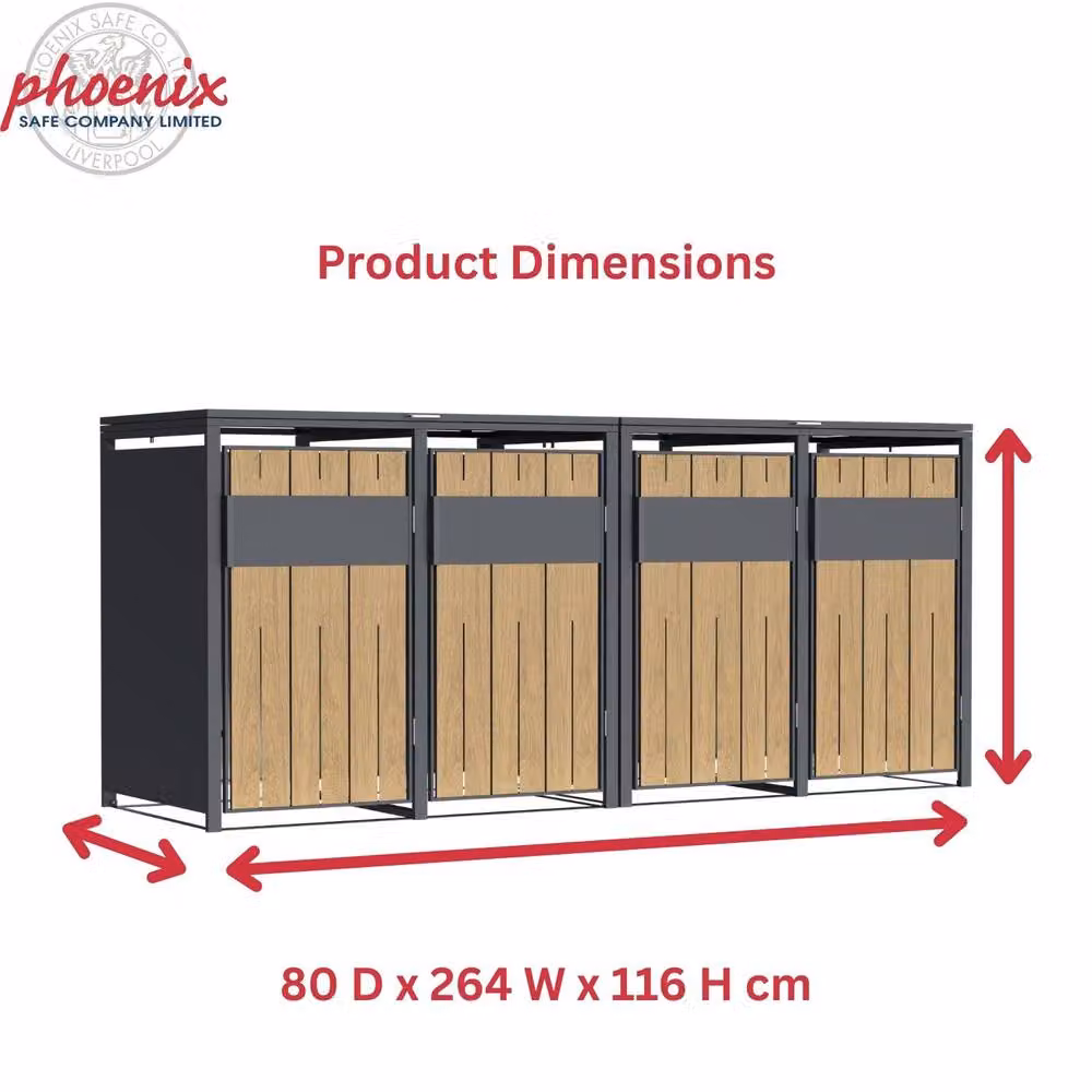 Phoenix Safe Company Phoenix Outdoor Quad Wheelie Bin Store for 4 x 240L Bins, Oak Effect Metal Storage, Brown – 3
