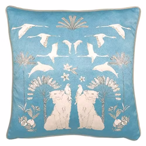 Furn Colony Palm Botanical Printed Blue Velvet Square Cushion, 43 x 43 cm
