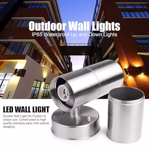 ATEK 2 Pack Silver Stainless Steel Up and Down Outdoor Wall Lights, IP65 Waterproof GU10 Modern Exterior Sconces for Garden, Terrace and Balcony – 3