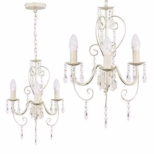 ValueLights Lille 3 Way White and Beige Classic Ceiling Light Chandelier with Acrylic Jewels and LED Bulb – 1