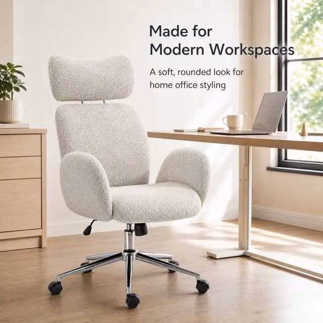 STILVORA Modern Grey Bouclé Fabric Office Task Chair with Adjustable Headrest and Swivel Function – 1