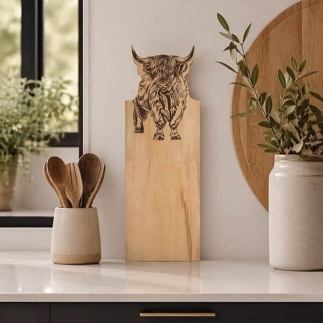 Selbrae House Highland Cow Framed Beech Serving Board in Beige, Sand and Brown