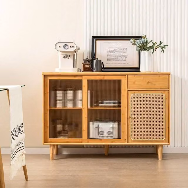KORVIXA Kitchen Buffet Sideboard Storage Cupboard in Natural Wood and Rattan, W/D/H: 100 x 100 x 100 cm