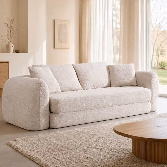 MIMO Beige Lamb Fleece Fabric Pull-Out Loveseat Sofa Bed with 30D Foam – 1