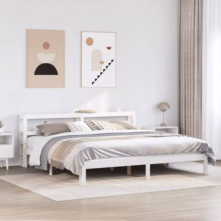 Berkfield Home White Rustic Pine Bed Frame with Headboard and Side Compartments, 200 x 200 cm