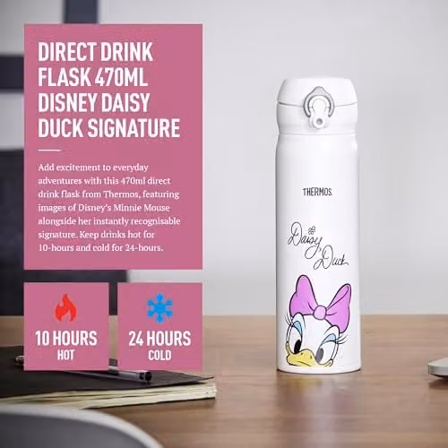 Thermos Disney Daisy Duck Signature Vacuum Insulated Stainless Steel Drinks Flask with Straw, 470ml, Multicolour and White – 4