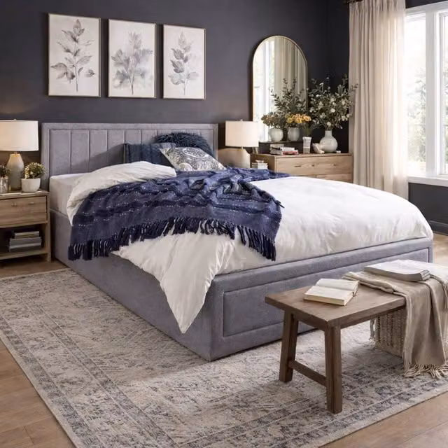 Aspire Camden Grey Linen Ottoman Storage Bed with Quilted End and Lift Up Base, Small Double, W/D/H: 120 x 200 cm