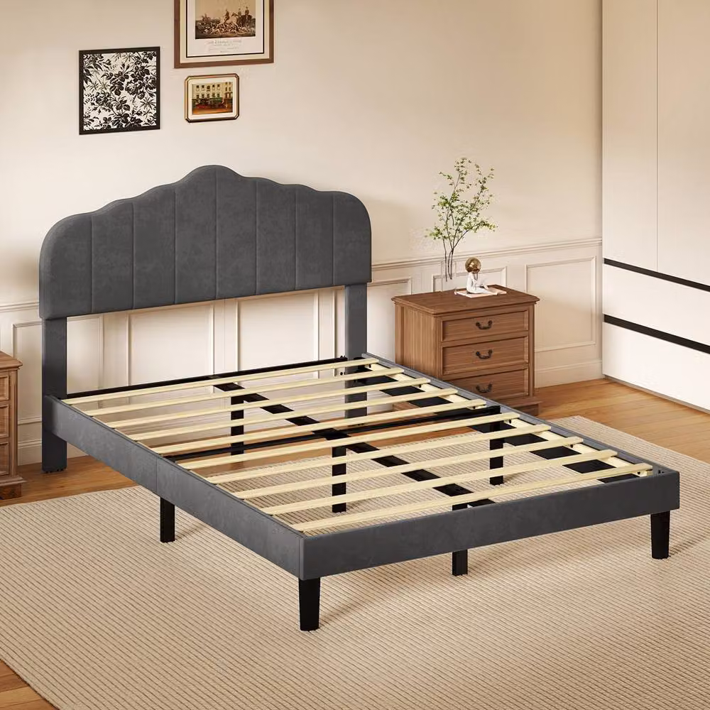 Levede Modern Upholstered Small Double Bed Frame in Grey Fabric, W/D/H: 120 x 190 x 25.5 cm – 2
