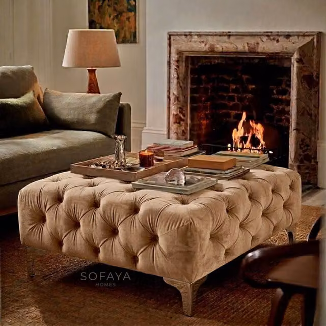 Sofaya Monaco Chesterfield Velvet Foot Stool and Coffee Table in Light Brown, W: 100 cm, D: 80 cm