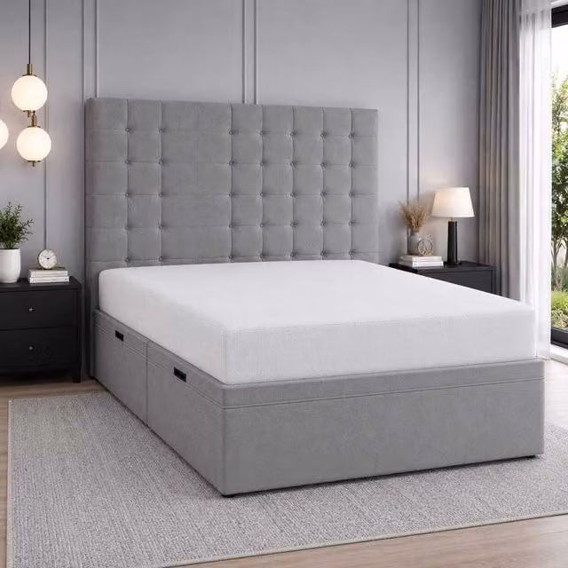 K Mehmood Enterprise Ltd Diana Luxury Upholstered Storage Bed with Elegant Headboard in Silver Grey, 140 x 200 cm