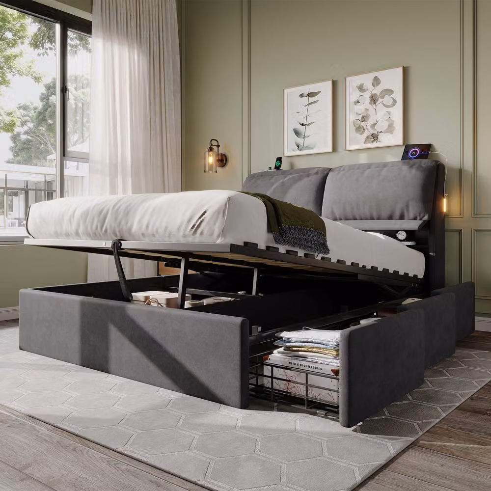 Matteo King Size Velvet Upholstered Ottoman Bed with Storage, USB Charging and LED Lighting in Grey, W/D/H: 180 x 200 cm – 2