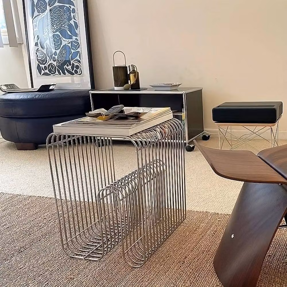VOGREX Silver Metal Wire Side Table and Magazine Rack with Industrial Geometric Design, H 100 cm x W 15 cm x D 15 cm – 3