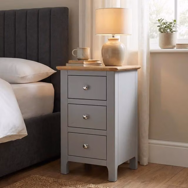 FWStyle Taberno Pair of 2 Three Drawer Bedside Tables in Dove Grey with Oak Effect Top