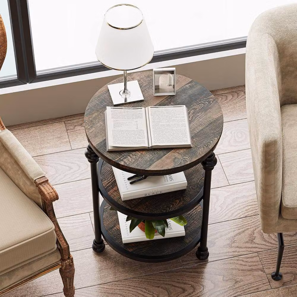 London Boutique 3 Tier Round Industrial Coffee Table and Side Table in Dark Brown – 7
