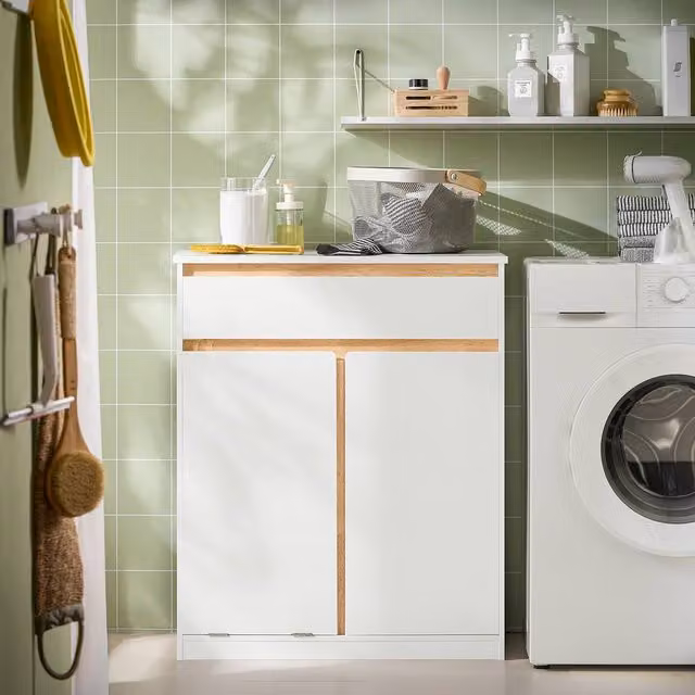 SoBuy Modern Freestanding Bathroom Cabinet with Hinged Doors and Drawers in White and Grey