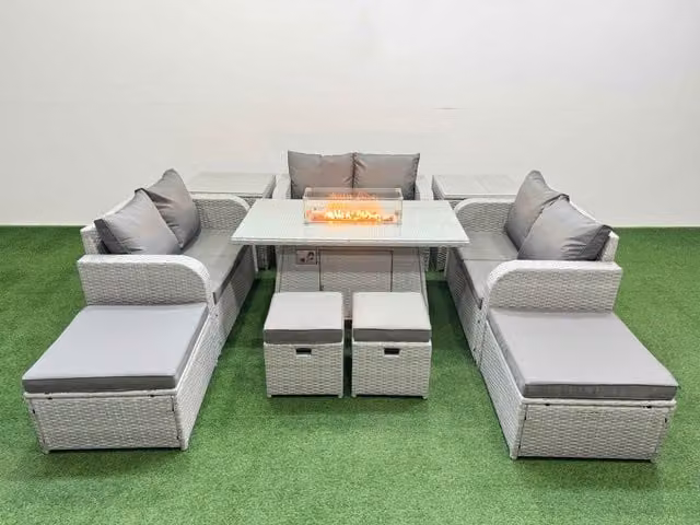 Fimous 10 Seater U-Shape Outdoor Garden Furniture Set with Gas Firepit Table and Upholstered Cushions in Light Grey