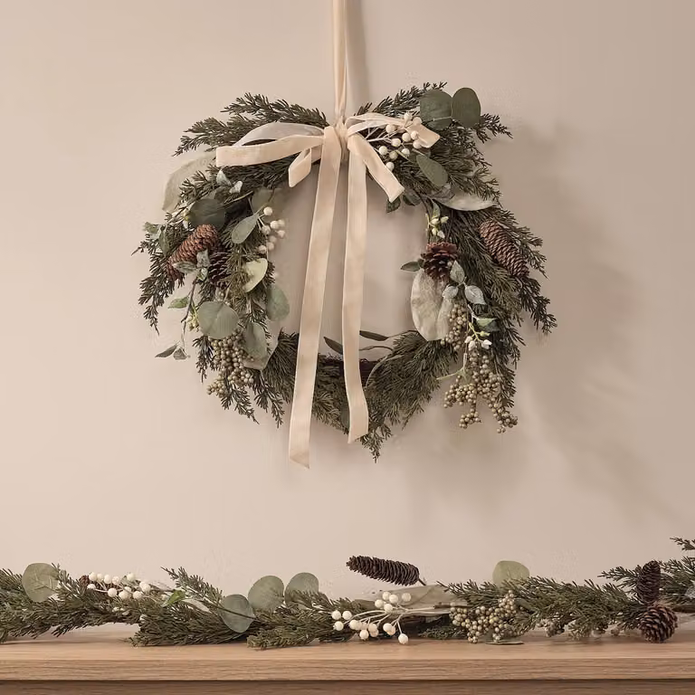 White Berry and Pinecone Christmas Wreath and Garland in White and Green