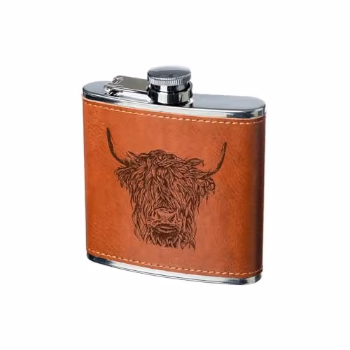 Selbrae House Brown Leather Hip Flask with Highland Cow Design, 177 ml – 3