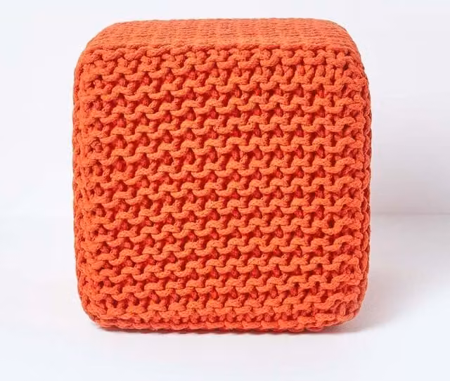 Homescapes Cube Cotton Knitted Pouffe Footstool in Burnt Orange – 1