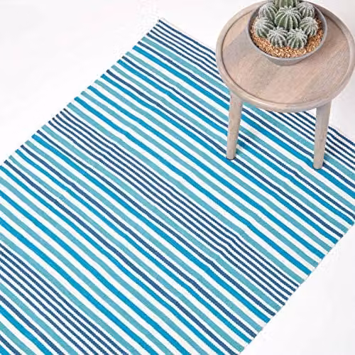 Homescapes Blue and Brown Striped Cotton Scandinavian Style Rectangular Rug, W: 90 cm, D: 150 cm – 1