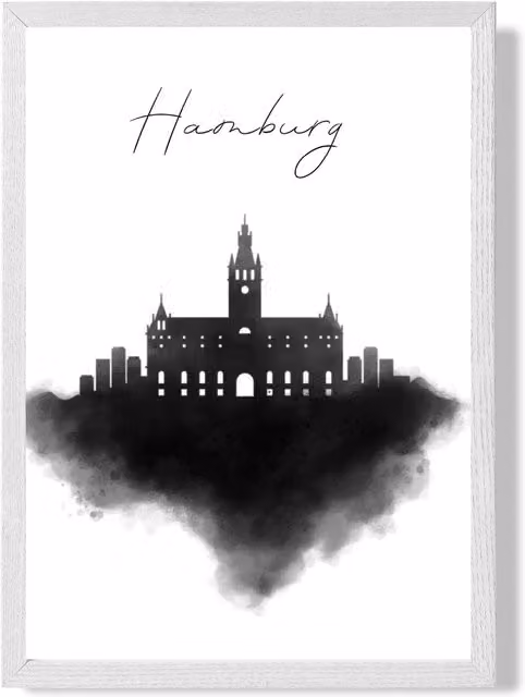 ARTZE Hamburg Watercolour Skyline City Framed Print, Black and White, A4