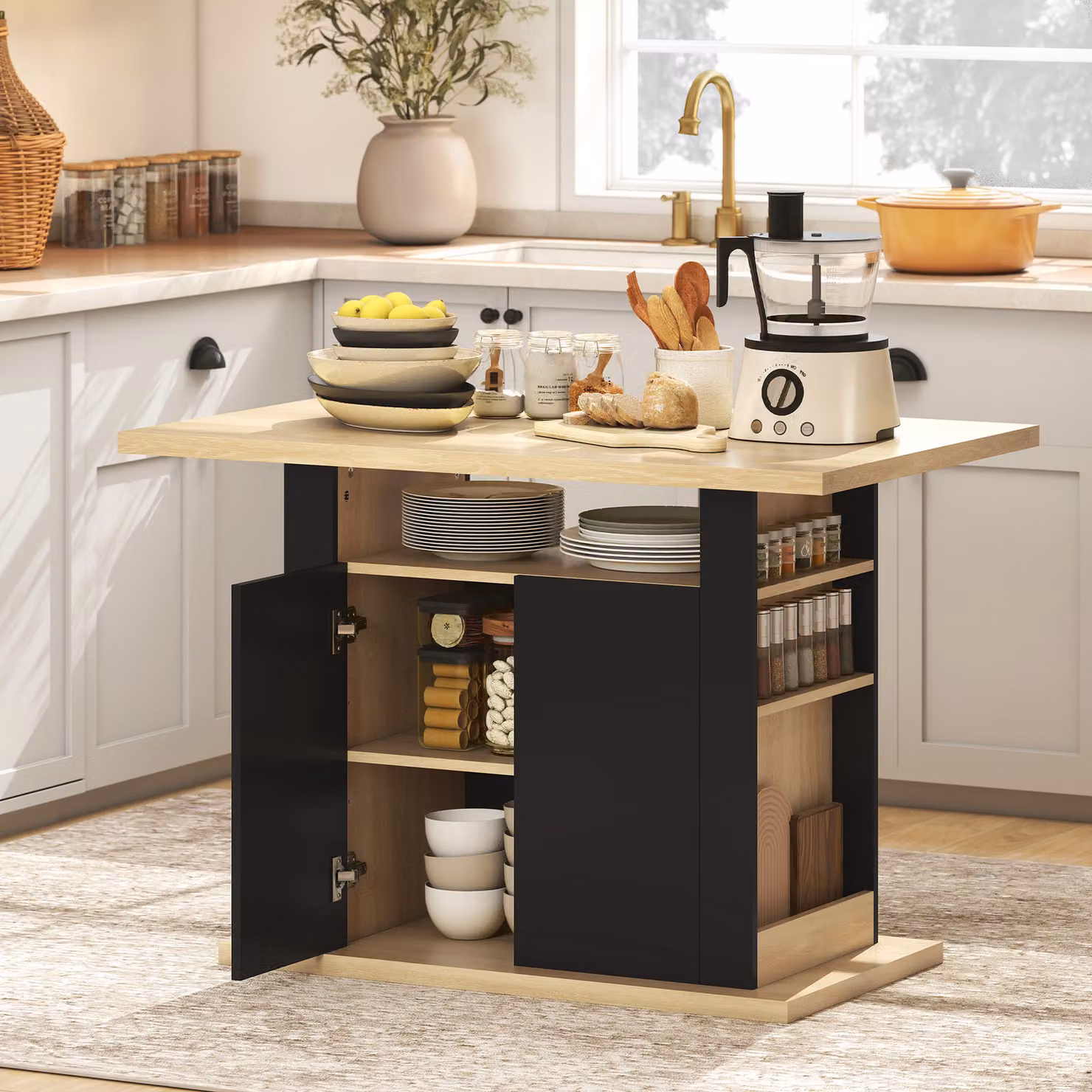 HOMCOM Kitchen Island with Spice Rack and Adjustable Shelves, Black and Natural, W/D/H: 110.0 x 33.5 x 85.5 cm – 2