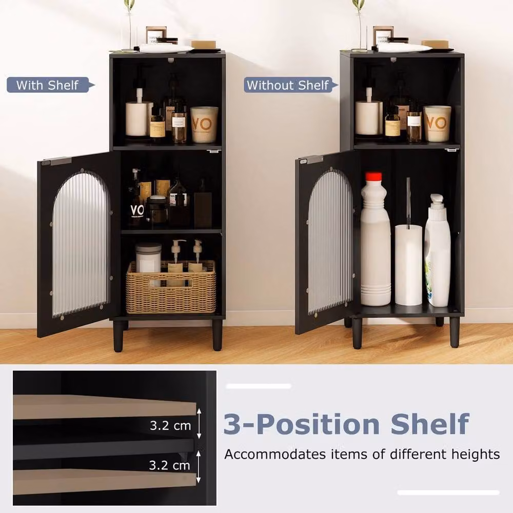KORVIXA Black Lacquered Wood Freestanding Side Storage Cabinet with Glass Doors and Internal Shelves, W: 90 cm, H: 65 cm – 4
